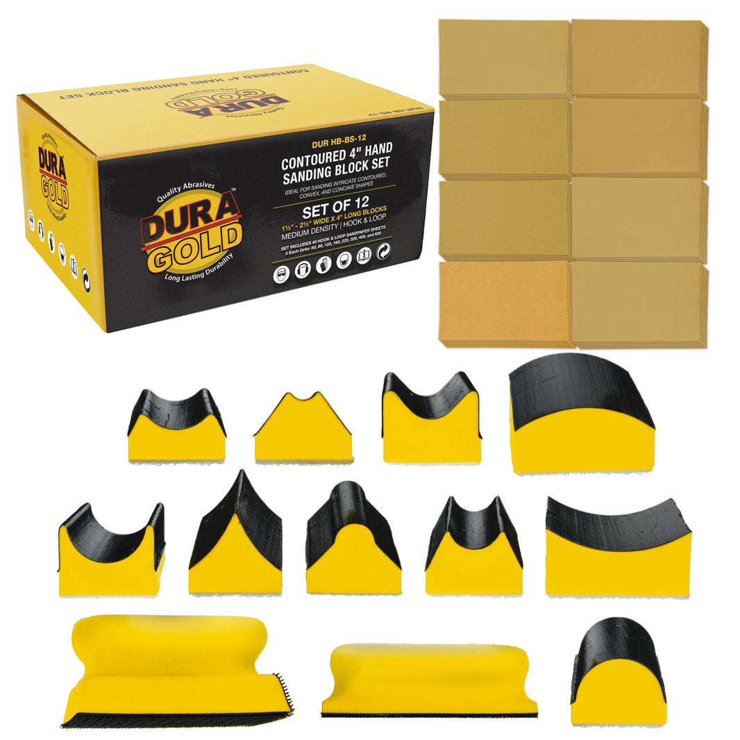 12-Piece Contoured Profile 4" Hand Sanding Block Set with 40 Sheet Hook & Loop Sandpaper Kit, Interchangeable Assorted Convex Concave Shapes