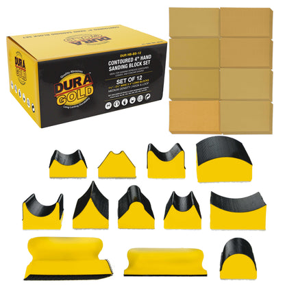 12-Piece Contoured Profile 4" Hand Sanding Block Set with 40 Sheet Hook & Loop Sandpaper Kit, Interchangeable Assorted Convex Concave Shapes