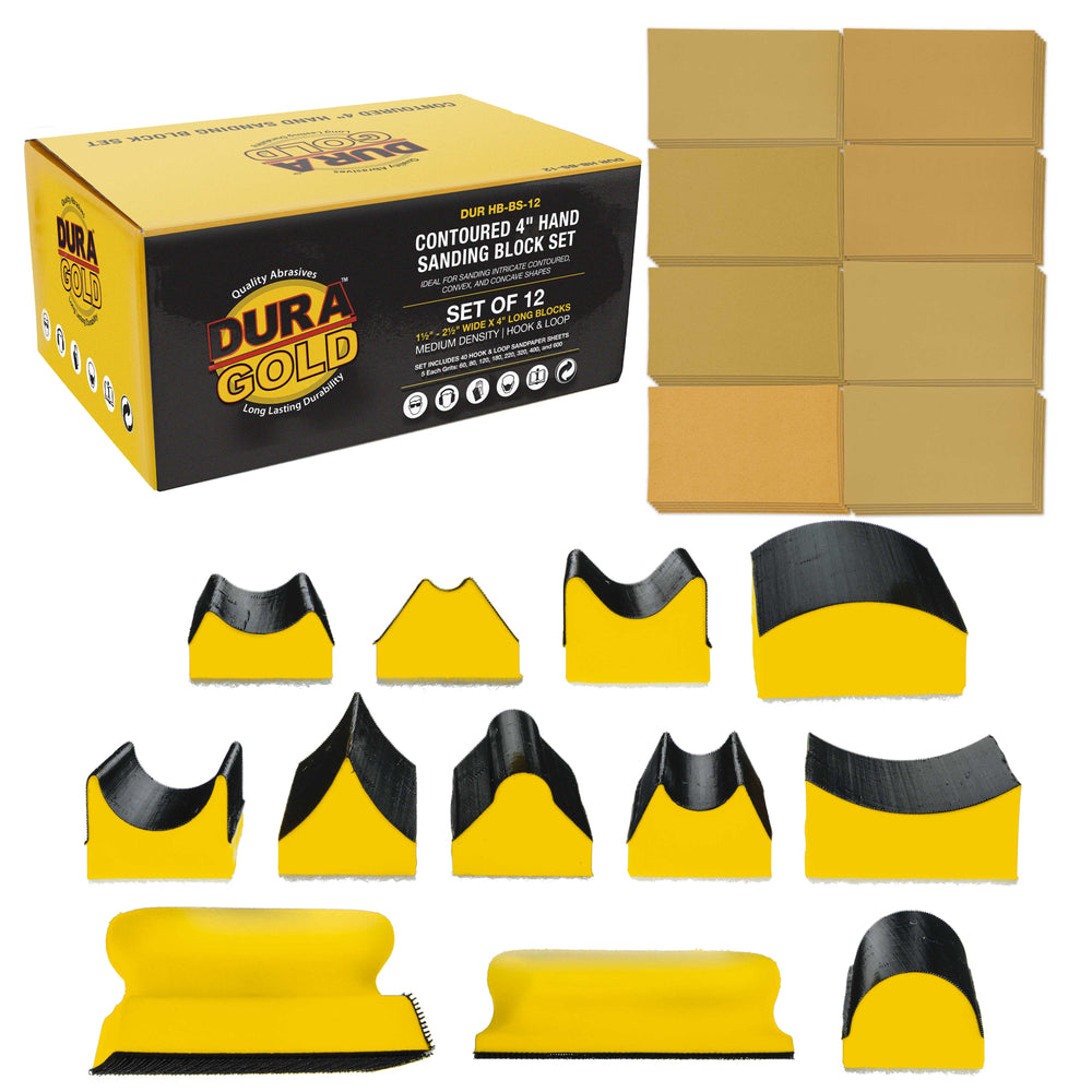 Dura-Gold 12-Piece Contoured Profile 4" Hand Sanding Block Set with 40 Sheet Hook & Loop Sandpaper Kit, Interchangeable Assorted Convex Concave Shapes