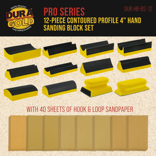Dura-Gold 12-Piece Contoured Profile 4" Hand Sanding Block Set with 40 Sheet Hook & Loop Sandpaper Kit, Interchangeable Assorted Convex Concave Shapes
