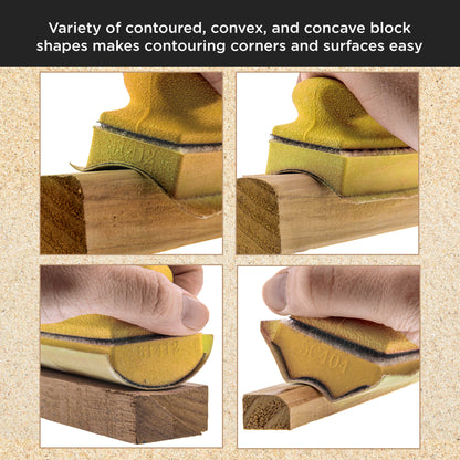 12-Piece Contoured Profile 4" Hand Sanding Block Set with 40 Sheet Hook & Loop Sandpaper Kit, Interchangeable Assorted Convex Concave Shapes