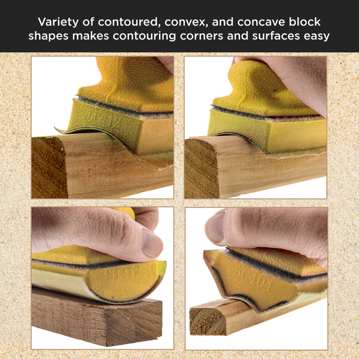 Dura-Gold 12-Piece Contoured Profile 4" Hand Sanding Block Set with 40 Sheet Hook & Loop Sandpaper Kit, Interchangeable Assorted Convex Concave Shapes