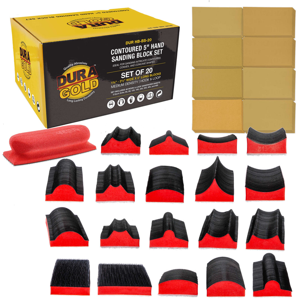 20-Piece Contoured Profile 5" Hand Sanding Block Set with 40 Sheet Hook & Loop Sandpaper Kit, Interchangeable Assorted Convex Concave Shapes