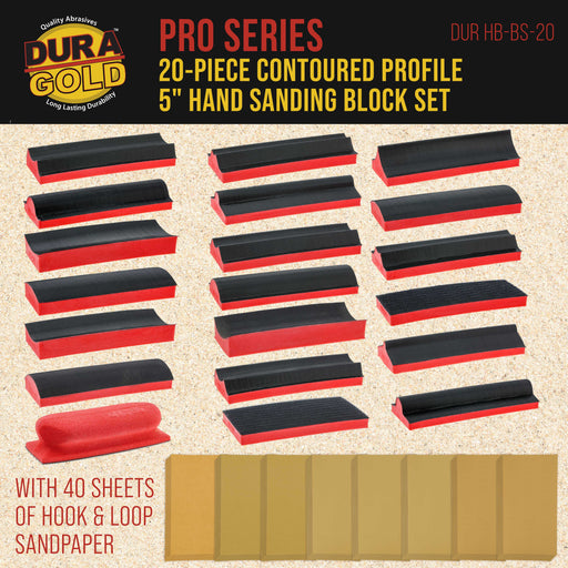 Dura-Gold 20-Piece Contoured Profile 5" Hand Sanding Block Set with 40 Sheet Hook & Loop Sandpaper Kit, Interchangeable Assorted Convex Concave Shapes