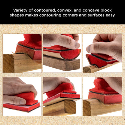 20-Piece Contoured Profile 5" Hand Sanding Block Set with 40 Sheet Hook & Loop Sandpaper Kit, Interchangeable Assorted Convex Concave Shapes