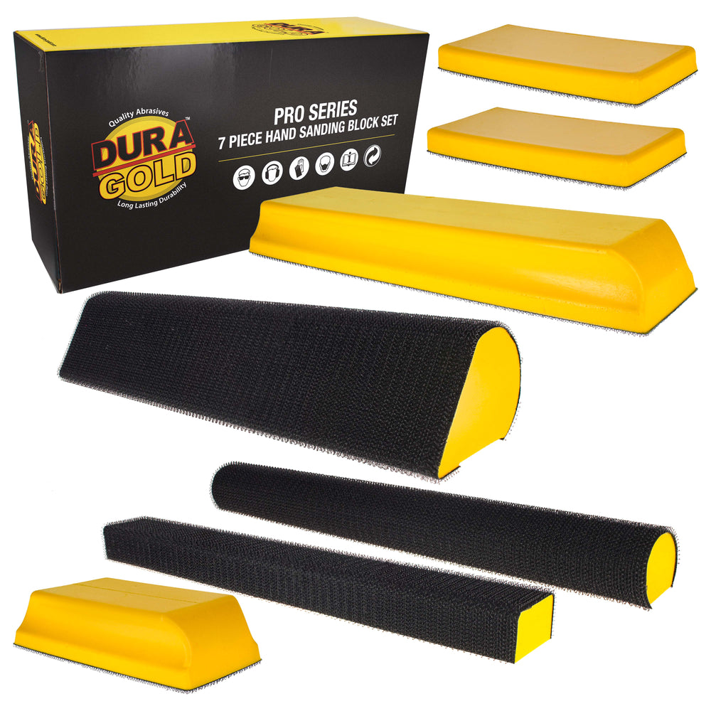 Dura-Gold 7-Piece Hand Sanding Block Set - 5" to 10-3/4" Long, Handheld Hook & Loop Sander Pads - Contoured Shapes - Wood Woodworking, Auto Body Paint