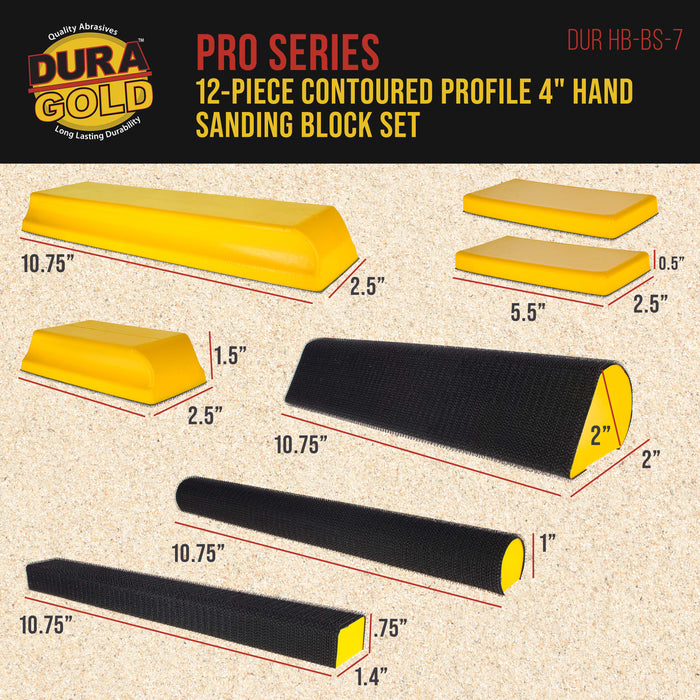 Dura-Gold 7-Piece Hand Sanding Block Set - 5" to 10-3/4" Long, Handheld Hook & Loop Sander Pads - Contoured Shapes - Wood Woodworking, Auto Body Paint