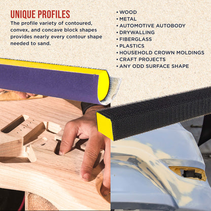 7-Piece Hand Sanding Block Set - 5" to 10-3/4" Long, Handheld Hook & Loop Sander Pads - Contoured Shapes - Wood Woodworking, Auto Body Paint