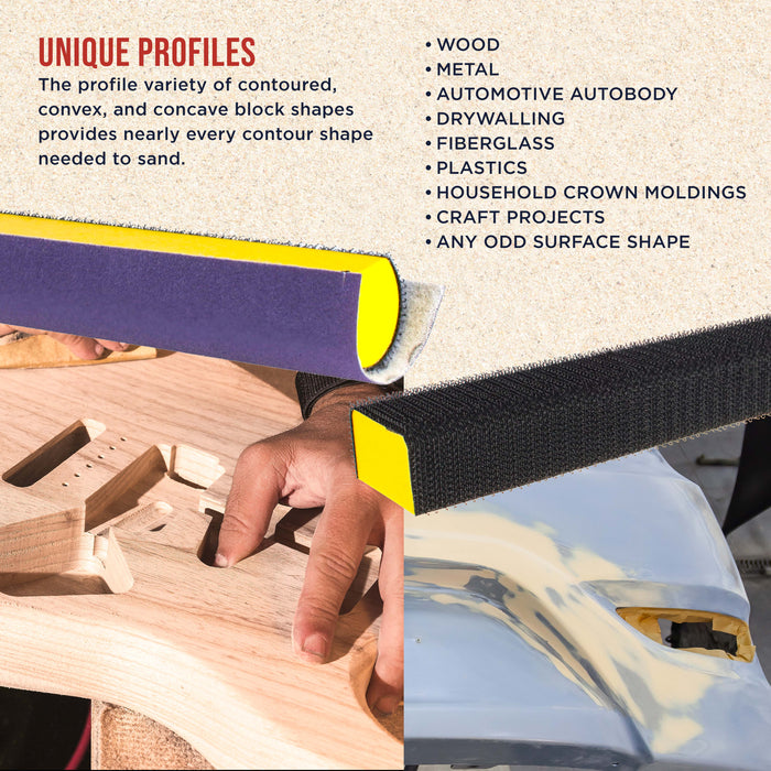 Dura-Gold 7-Piece Hand Sanding Block Set - 5" to 10-3/4" Long, Handheld Hook & Loop Sander Pads - Contoured Shapes - Wood Woodworking, Auto Body Paint