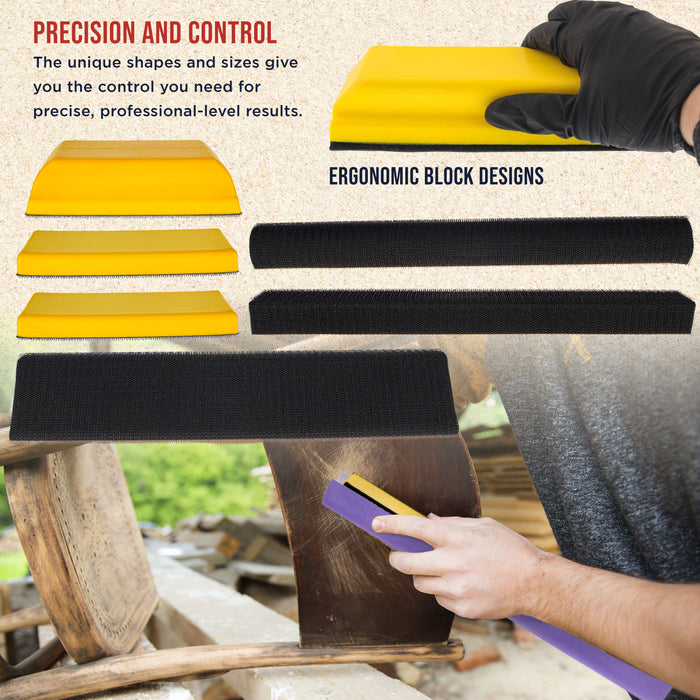 Dura-Gold 7-Piece Hand Sanding Block Set - 5" to 10-3/4" Long, Handheld Hook & Loop Sander Pads - Contoured Shapes - Wood Woodworking, Auto Body Paint