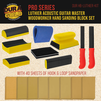 Luthier Acoustic Guitar Master Woodworker Hand Sanding Block Set with 40 Sheet Hook & Loop Sandpaper Kit - Convex & Concave Profile Shapes