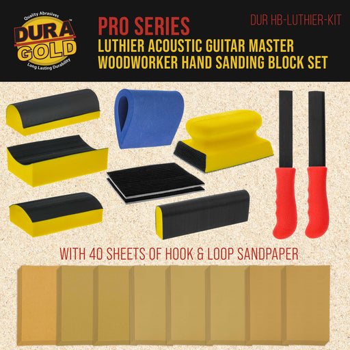 Dura-Gold Luthier Acoustic Guitar Master Woodworker Hand Sanding Block Set with 40 Sheet Hook & Loop Sandpaper Kit - Convex & Concave Profile Shapes