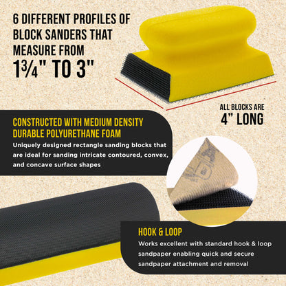 Luthier Acoustic Guitar Master Woodworker Hand Sanding Block Set with 40 Sheet Hook & Loop Sandpaper Kit - Convex & Concave Profile Shapes