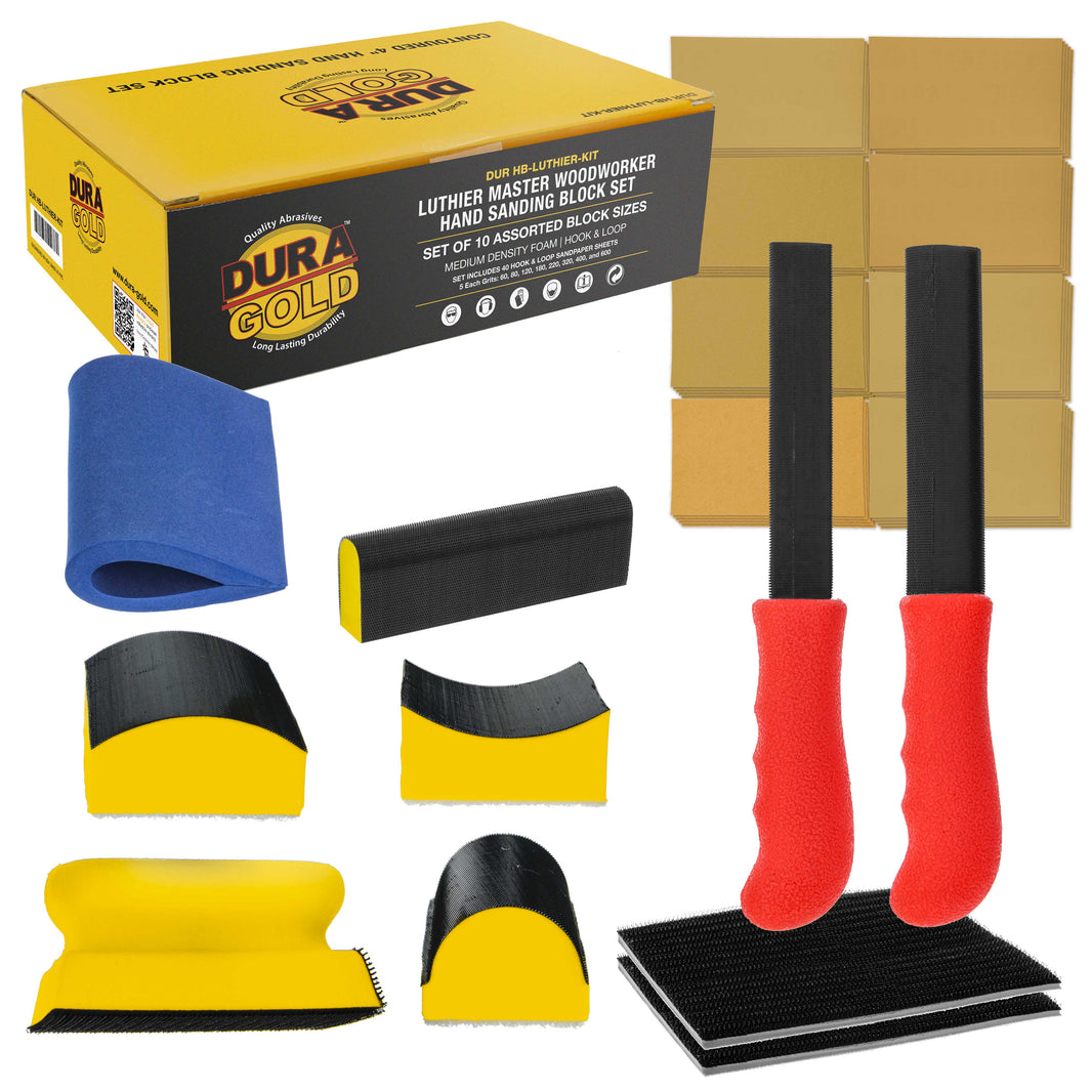 Luthier Acoustic Guitar Master Woodworker Hand Sanding Block Set with 40 Sheet Hook & Loop Sandpaper Kit - Convex & Concave Profile Shapes