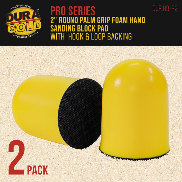 Dura-Gold 2" Round Palm Grip Foam Hand Sanding Block Pad, 2 Pack - Hook & Loop, Attach 2" DA Sandpaper Discs or Polishing Pads, Wet-or-Dry Sand Polish