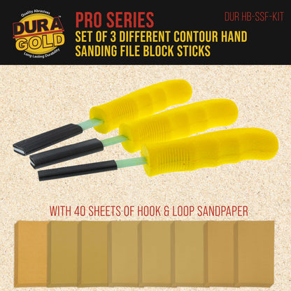 Set of 3 Different Contour Hand Sanding File Block Sticks with 40 Sheet Hook & Loop Sandpaper Kit - Flat Convex Radius Profile Shapes