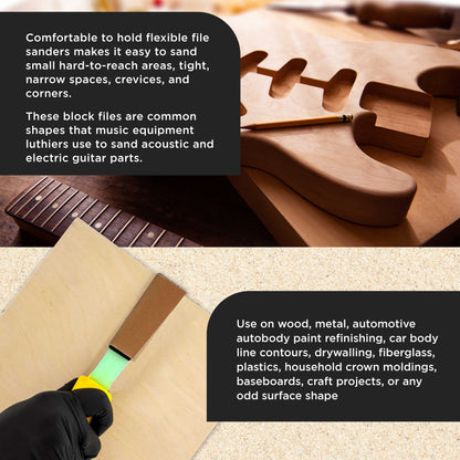Set of 3 Different Contour Hand Sanding File Block Sticks with 40 Sheet Hook & Loop Sandpaper Kit - Flat Convex Radius Profile Shapes