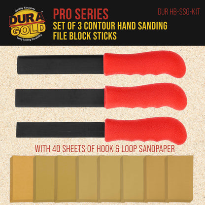 Set of 3 Contour Hand Sanding File Block Sticks with 40 Sheet Hook & Loop Sandpaper Kit - 3 Different Convex Radius Profile Shapes, Teardrop