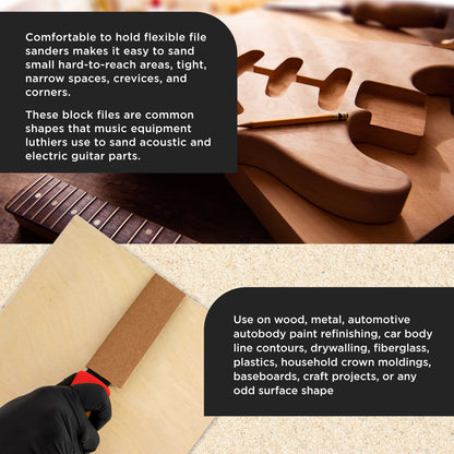 Set of 3 Contour Hand Sanding File Block Sticks with 40 Sheet Hook & Loop Sandpaper Kit - 3 Different Convex Radius Profile Shapes, Teardrop