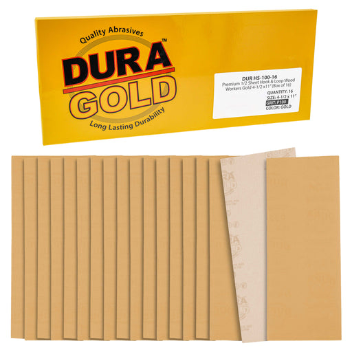 100 Grit - 1/2 Sheet Size Wood Workers Gold, 4-1/2" x 11" with Hook & Loop Backing - Box of 16 Sheets - Hand Sand Sander