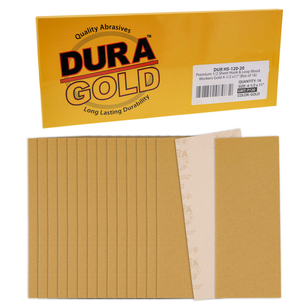 120 Grit - 1/2 Sheet Size Wood Workers Gold, 4-1/2" x 11" with Hook & Loop Backing - Box of 16 Sheets - Hand Sand Sander