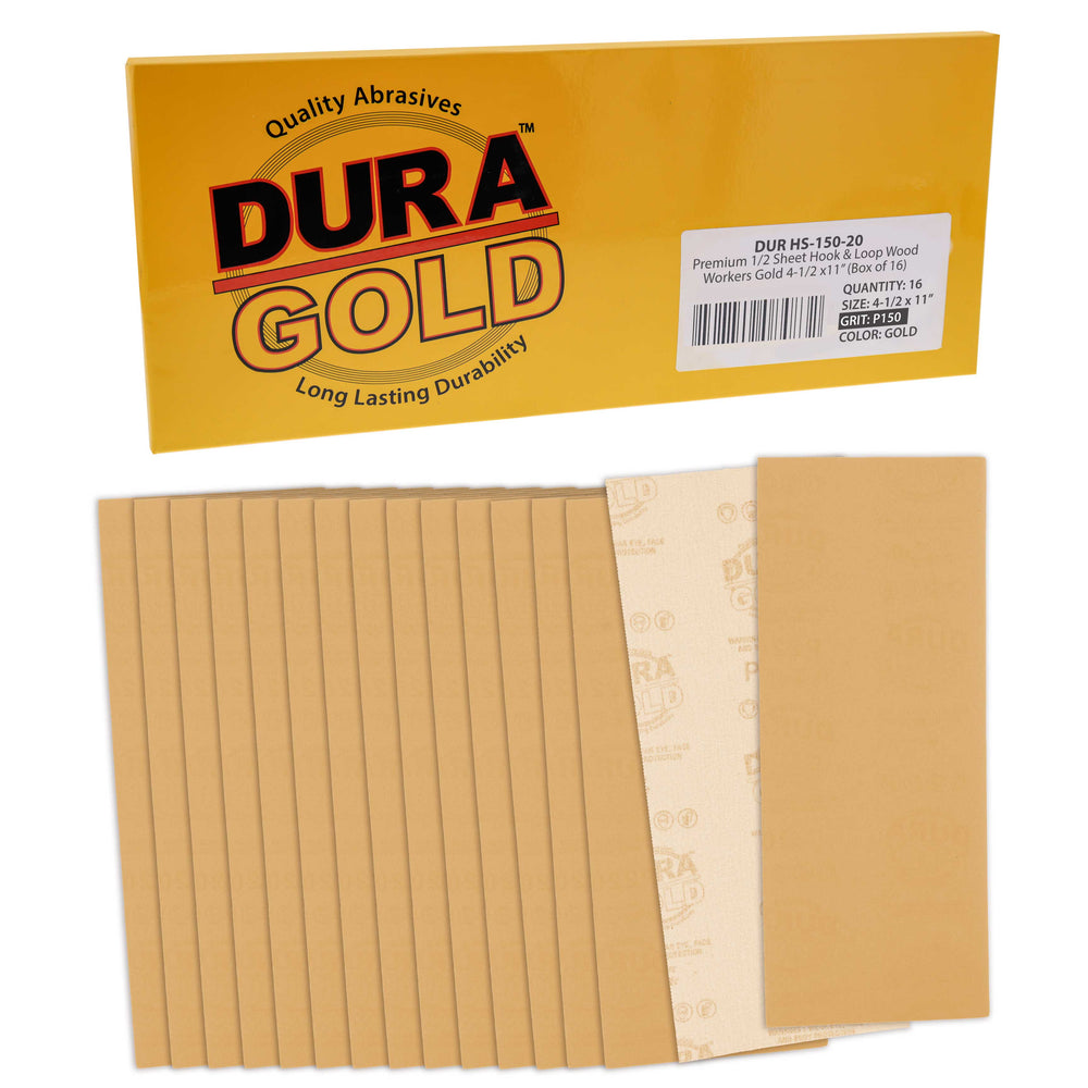 150 Grit - 1/2 Sheet Size Wood Workers Gold, 4-1/2" x 11" with Hook & Loop Backing - Box of 16 Sheets - Hand Sand Sander