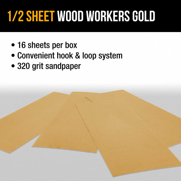 320 Grit - 1/2 Sheet Size Wood Workers Gold, 4-1/2" x 11" with Hook & Loop Backing - Box of 16 Sheets - Hand Sand Sander