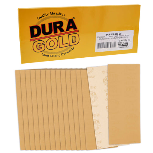 320 Grit - 1/2 Sheet Size Wood Workers Gold, 4-1/2" x 11" with Hook & Loop Backing - Box of 16 Sheets - Hand Sand Sander