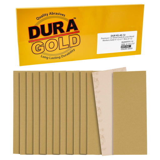 40 Grit - 1/2 Sheet Size Wood Workers Gold, 4-1/2" x 11" with Hook & Loop Backing - Box of 12 Sheets - Hand Sand Sander