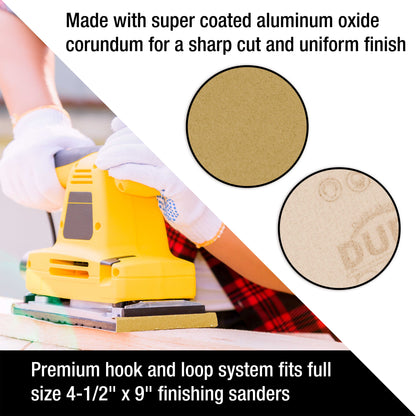 400 Grit - 1/2 Sheet Size Wood Workers Gold, 4-1/2" x 11" with Hook & Loop Backing - Box of 16 Sheets - Hand Sand Sander