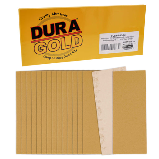 80 Grit - 1/2 Sheet Size Wood Workers Gold, 4-1/2" x 11" with Hook & Loop Backing - Box of 16 Sheets - Hand Sand Sander