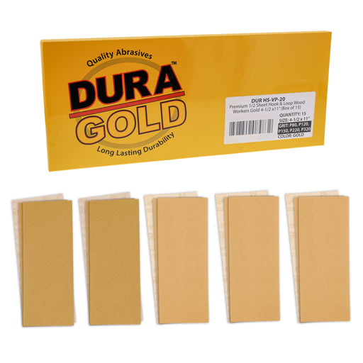 1/2 Sheet Variety Pack Box - 80, 120, 150, 220 & 320 Grit (3 Sheets Each, 15 Total) - Gold, 4-1/2" x 11", Hook & Loop Back