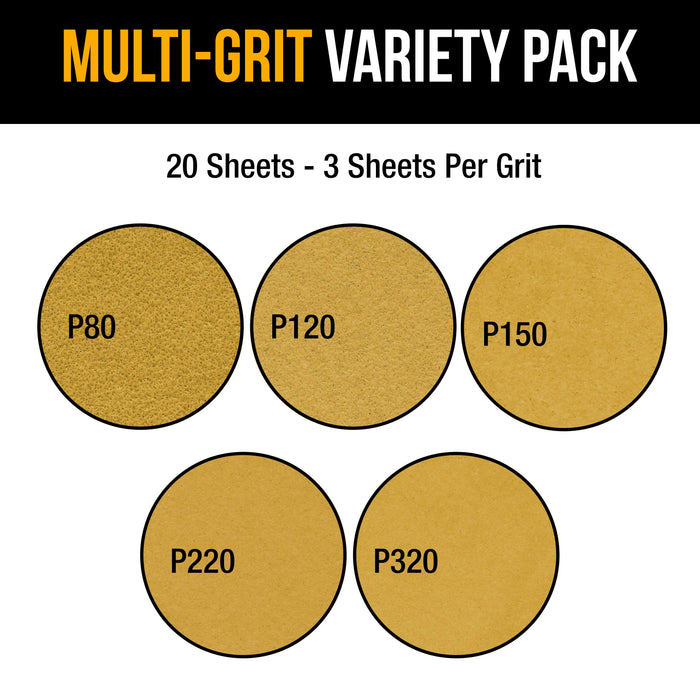 1/2 Sheet Variety Pack Box - 80, 120, 150, 220 & 320 Grit (3 Sheets Each, 15 Total) - Gold, 4-1/2" x 11", Hook & Loop Back