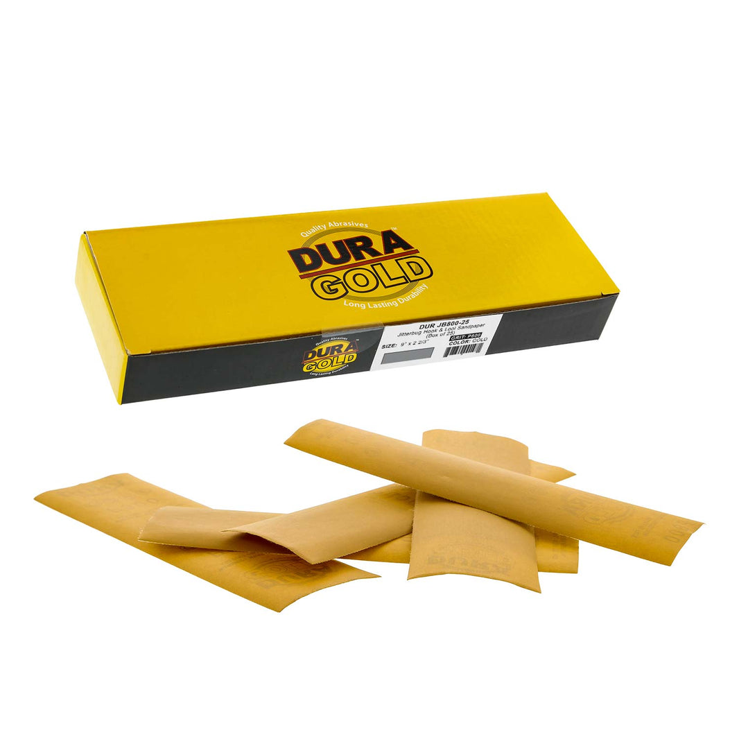 800 Grit - Gold - Hand Sanding Sandpaper Sheets Hook & Loop 9" x 2-2/3" - Box of 25