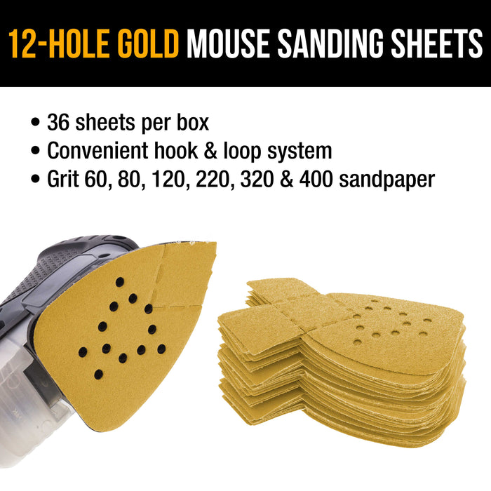 Variety Grit Pack - (60,80,120,220,320,400) - 12-Hole Pattern Hook & Loop Sanding Sheets for Mouse Sanders - Box of 36