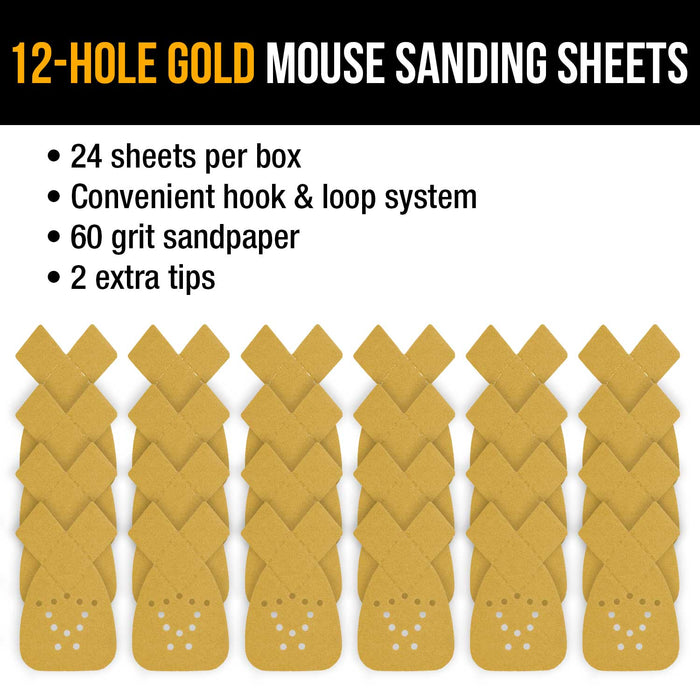 60 Grit - 12-Hole Pattern Hook & Loop Sanding Sheets for Mouse Sanders - Box of 24