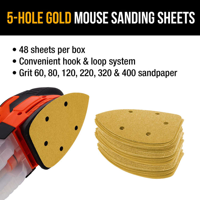 Variety Grit Pack - (60,80,120,220,320,400) 5-Hole Pattern Hook & Loop Sanding Sheets for Mouse Sanders - Box of 48