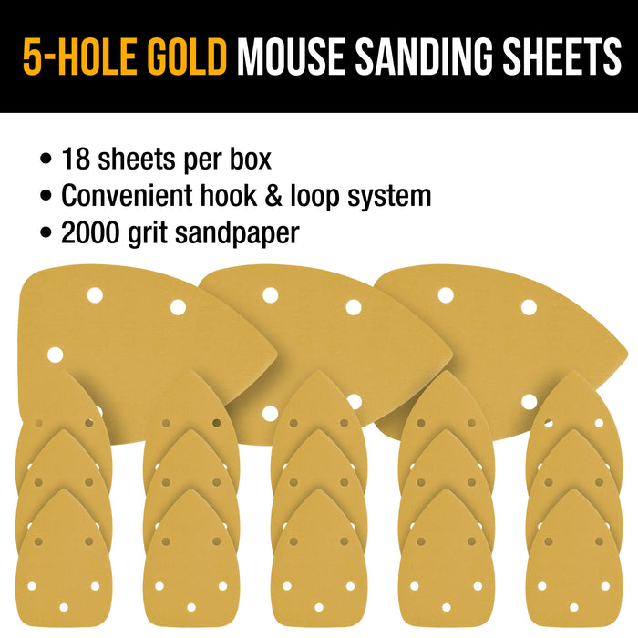 2000 Grit - 5-Hole Pattern Hook & Loop Sanding Sheets for Mouse Sanders - Box of 18