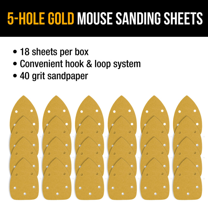 40 Grit - 5-Hole Pattern Hook & Loop Sanding Sheets for Mouse Sanders - Box of 18