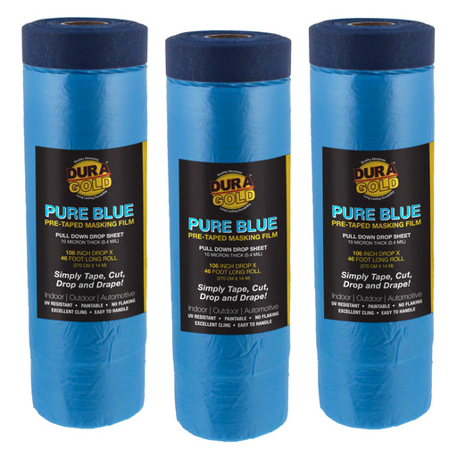 106" Wide x 46' Long Roll of Pure Blue Pre-Taped Masking Film, 3 Pack, Overspray Paintable Plastic Protective Sheeting, Pull Down Drop Sheet