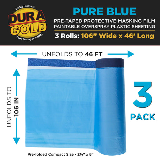 106" Wide x 46' Long Roll of Pure Blue Pre-Taped Masking Film, 3 Pack, Overspray Paintable Plastic Protective Sheeting, Pull Down Drop Sheet