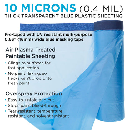 106" Wide x 46' Long Roll of Pure Blue Pre-Taped Masking Film, 3 Pack, Overspray Paintable Plastic Protective Sheeting, Pull Down Drop Sheet