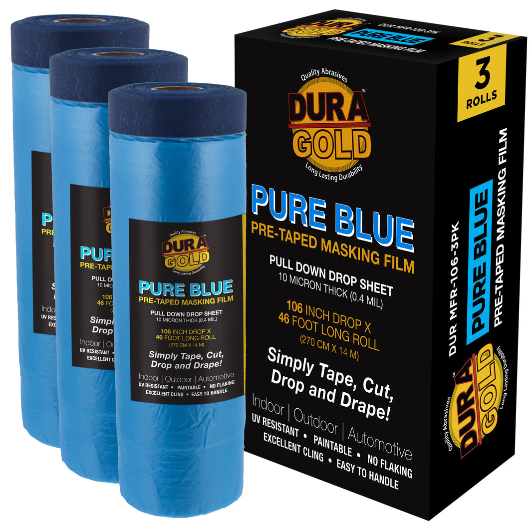 106" Wide x 46' Long Roll of Pure Blue Pre-Taped Masking Film, 3 Pack, Overspray Paintable Plastic Protective Sheeting, Pull Down Drop Sheet