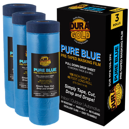 106" Wide x 46' Long Roll of Pure Blue Pre-Taped Masking Film, 3 Pack, Overspray Paintable Plastic Protective Sheeting, Pull Down Drop Sheet