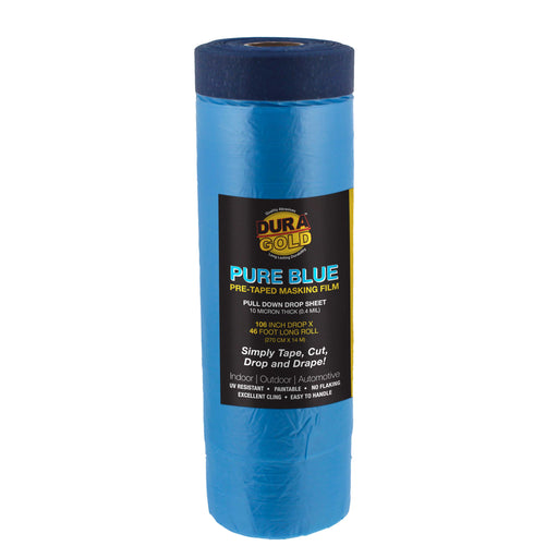 106" Wide x 46' Long Roll Pure Blue Pre-Taped Masking Film, Pre-Folded Overspray Paintable Plastic Protective Sheeting, Pull Down Drop Sheet
