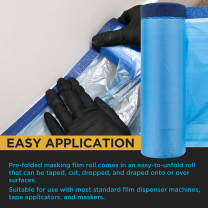 106" Wide x 46' Long Roll Pure Blue Pre-Taped Masking Film, Pre-Folded Overspray Paintable Plastic Protective Sheeting, Pull Down Drop Sheet