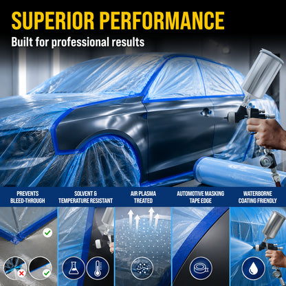 106" Wide x 46' Long Roll Pure Blue Pre-Taped Masking Film, Pre-Folded Overspray Paintable Plastic Protective Sheeting, Pull Down Drop Sheet