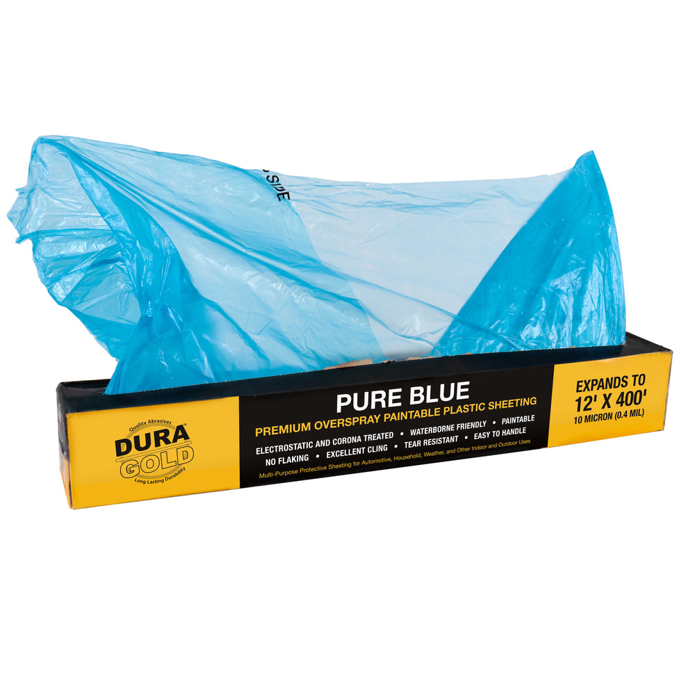 12' x 400' Roll of Pure Blue Premium Overspray Paintable Plastic Sheeting - 0.4 Mil, Protective Masking Film Cover - Auto Painting Household
