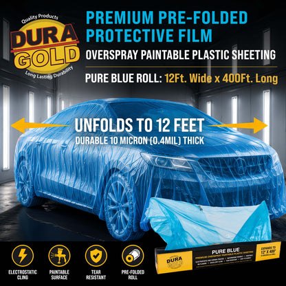 12' x 400' Pure Blue Protective Masking Film Cover - Overspray Paintable Sheeting Roll, Painters Plastic (10 Micron, .4 Mil)