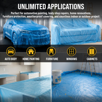 12' x 400' Pure Blue Protective Masking Film Cover - Overspray Paintable Sheeting Roll, Painters Plastic (10 Micron, .4 Mil)